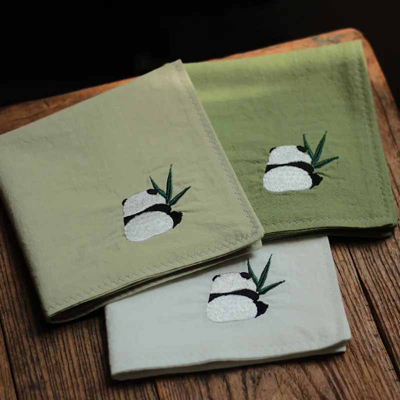 Chinese Style Cute Panda Embroidered Cotton Handkerchief Lucky Soft Sweat Absorbent Pocket Square Auspicious Gift For Travel Use