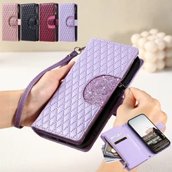 Bling Lanyard Leather Wallet Case for Samsung Galaxy S24 Ultra S23 FE S22 Plus S21 A15 A25 A35 A55 Zipper Cards Solt Bag Cover