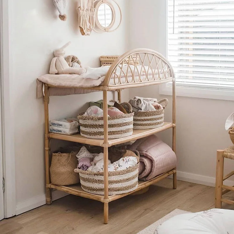 

Rattan shelves ins multi-layer floor shelves Small apartment natural rattan bookshelves Movable storage