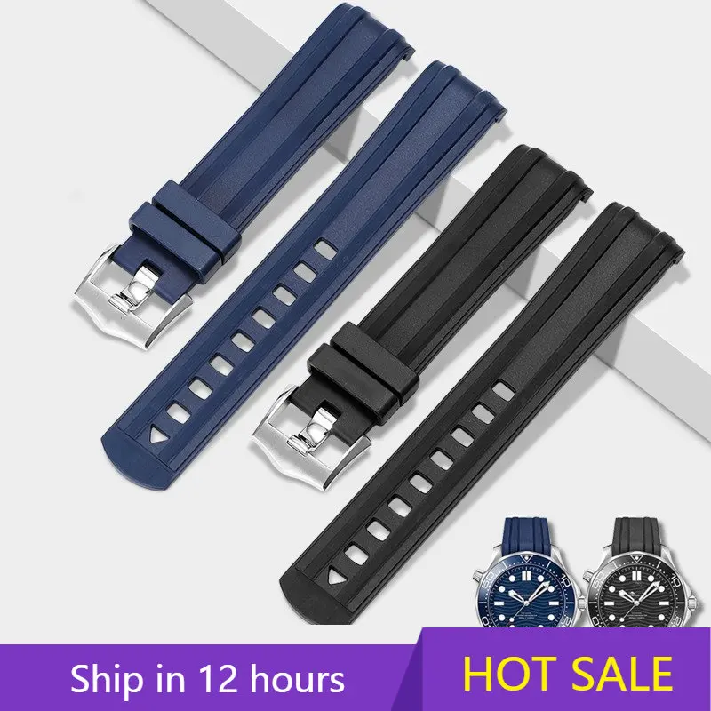 20mm Rubber Strap Curved End for Omega Seamaster 300  Waterproof Diving Stainless Steel Buckle Men Replacement WatchBand