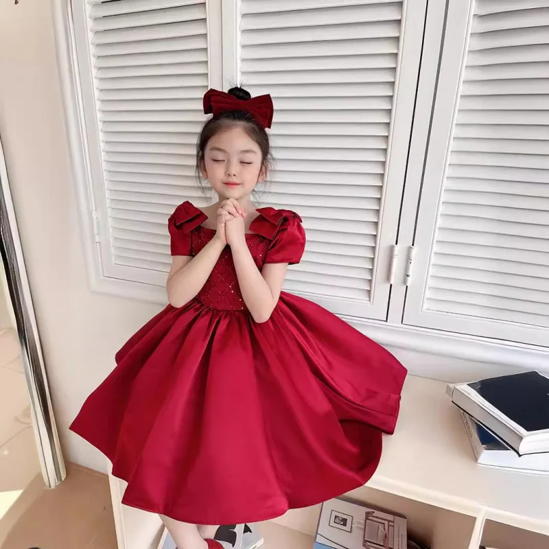 Girls' Stylish Birthday Dress Red Little Girl Flower Girl Host Princess Dress Children's High-end Piano Performance Dress