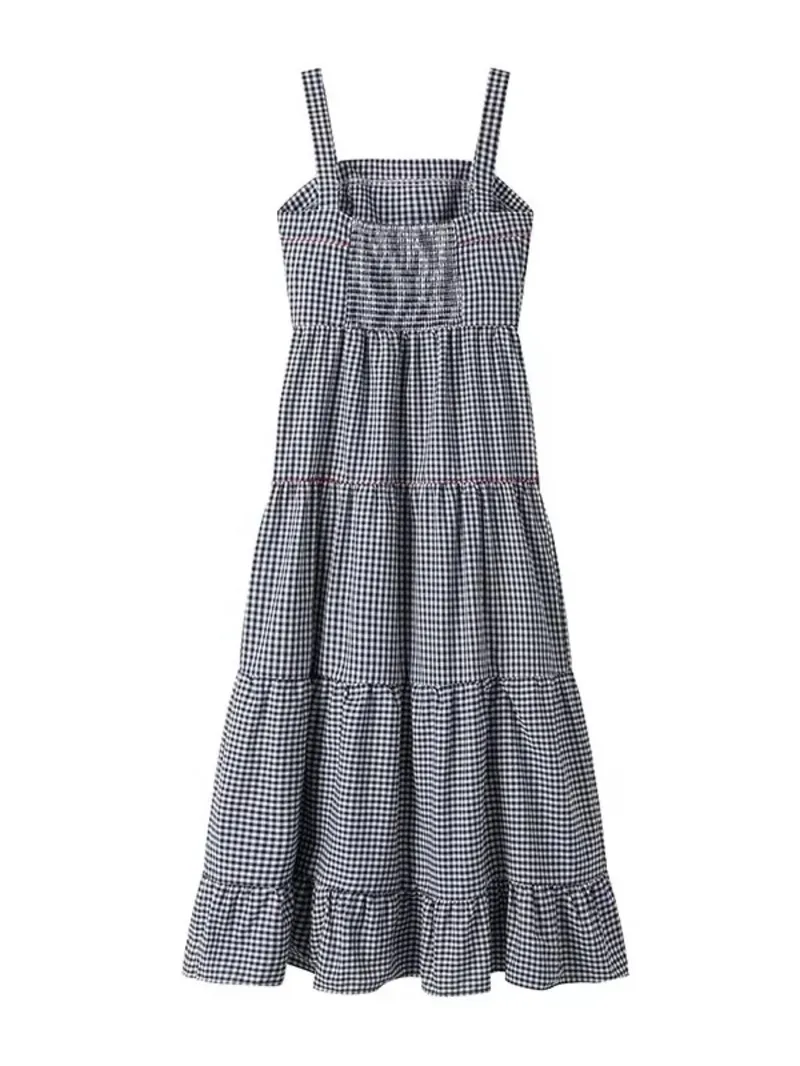 Robe longue à carreaux pour femmes, broderie d'écrevisses, à volants, sans manches, robe de plage, de vacances, décontractée, mi-longue, été, ZBZ8