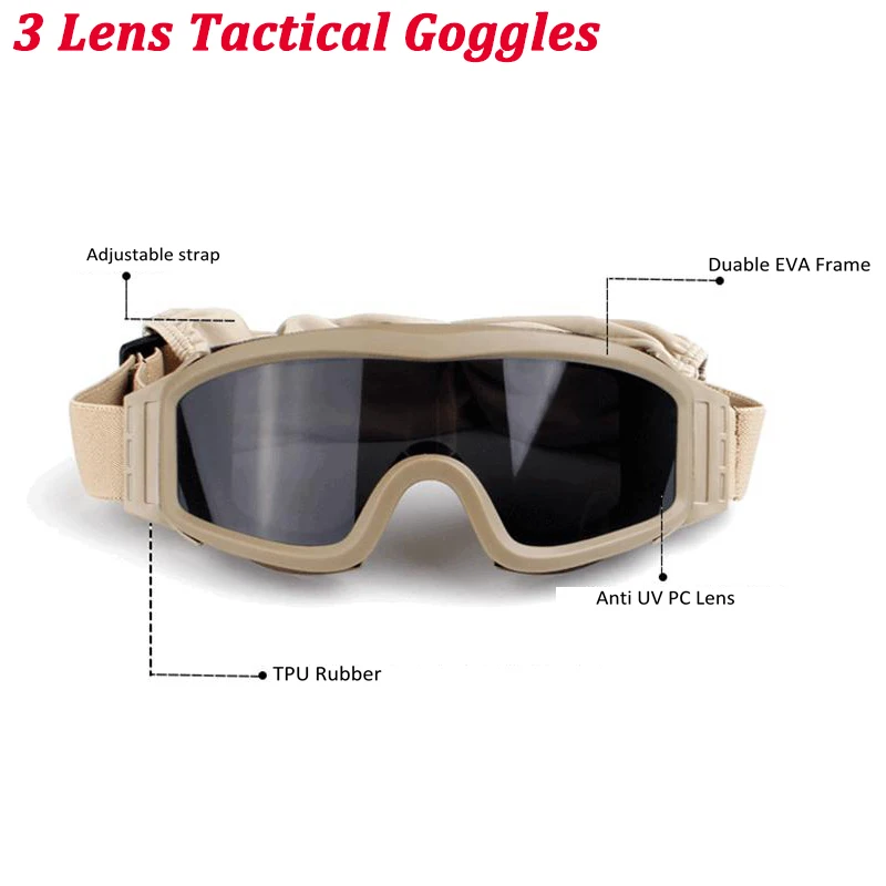 Gafas de senderismo todoterreno para motocicleta al aire libre, gafas de seguridad CS, gafas tácticas de caza, a prueba de viento, tiro, 3 lentes