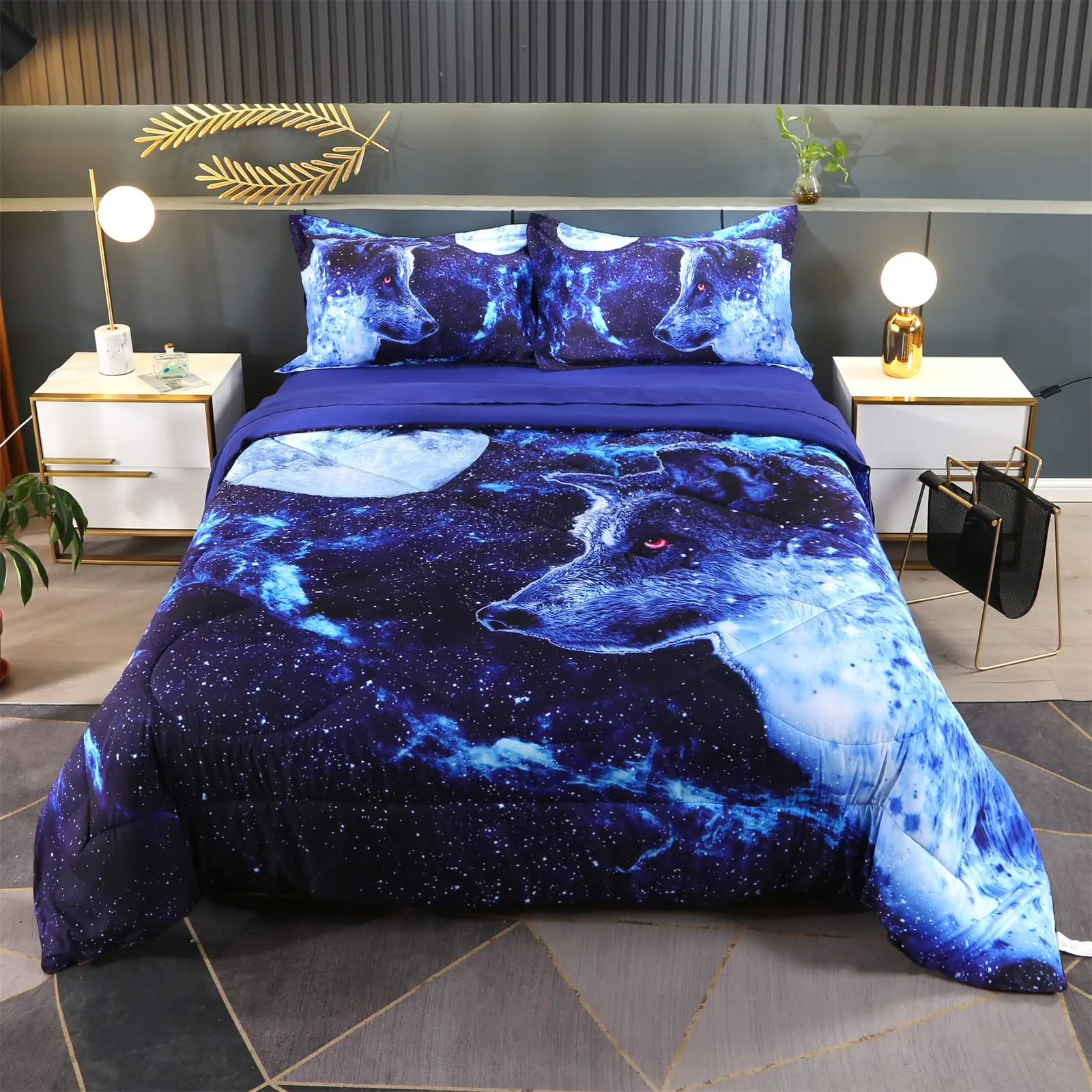 Galaxy Wolf Duvet Cover Set Full Size, Bedding Set for Boys Girls, Wolf Head Printed Duvet Cove Set 1 Quilt Cover 2 Pillowcases