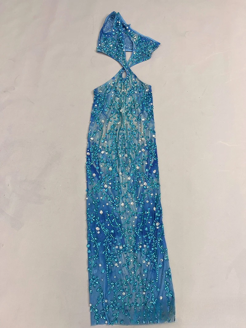 Niche Pauw Blauw Temperament Jurk Sexy Cocktail Party Avondjurk Studio Tentoonstellingshal Model Catwalk Prestatiekleding