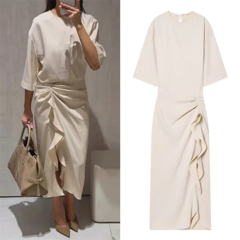Vestido Feminino Novo Midi Plissado com Fenda, Elegante e Sexy para Primavera