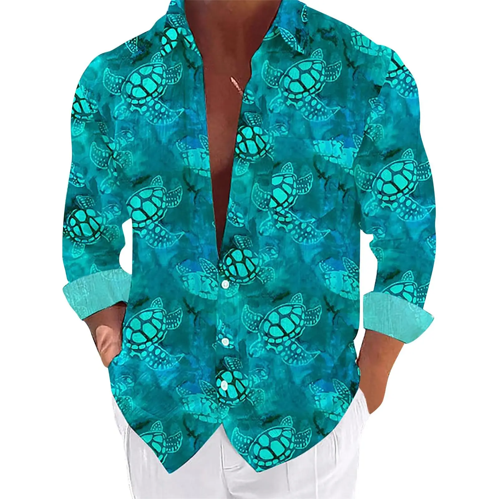 

Spring new men's shirt 3d print seabed turtle print long sleeve casual shirt men's fashion casual lapel button shirt