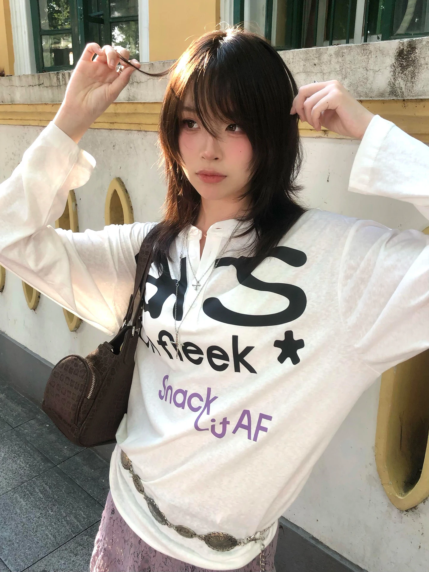 Genayooa Harajuku تي شيرت مطبوع المرأة كم طويل فضفاض بلايز عادية Y2k خمر الجرونج القمم اليابانية 2000s الشارع الشهير بلايز