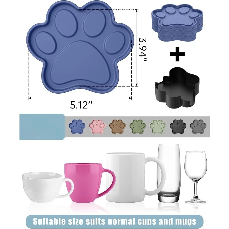 Silicone Coasters 6 Pack Paw Cup Mat with Holder, Dog Cat Paw Shape, for Hot or Cold Drink, Non-Slip, Non-Stick, Room Decor, Housewarming Coffee