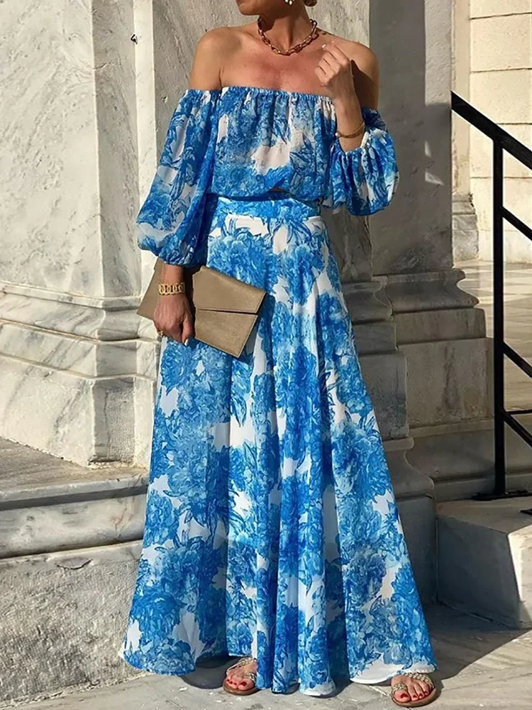 فستان طويل نسائي برقبة مائلة مطبوع مرقع ، فستان حفلات بأكمام ثلاثة أرباع فانوس ، فستان نسائي أنيق بسيط ، الربيع والصيف