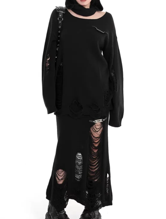 Herfst Winter Punk Persoonlijkheid Meisjes Fishtail Gebreide Lange Rok Zwarte Hoge Taille Mode Veelzijdige Holle Straat Rokken