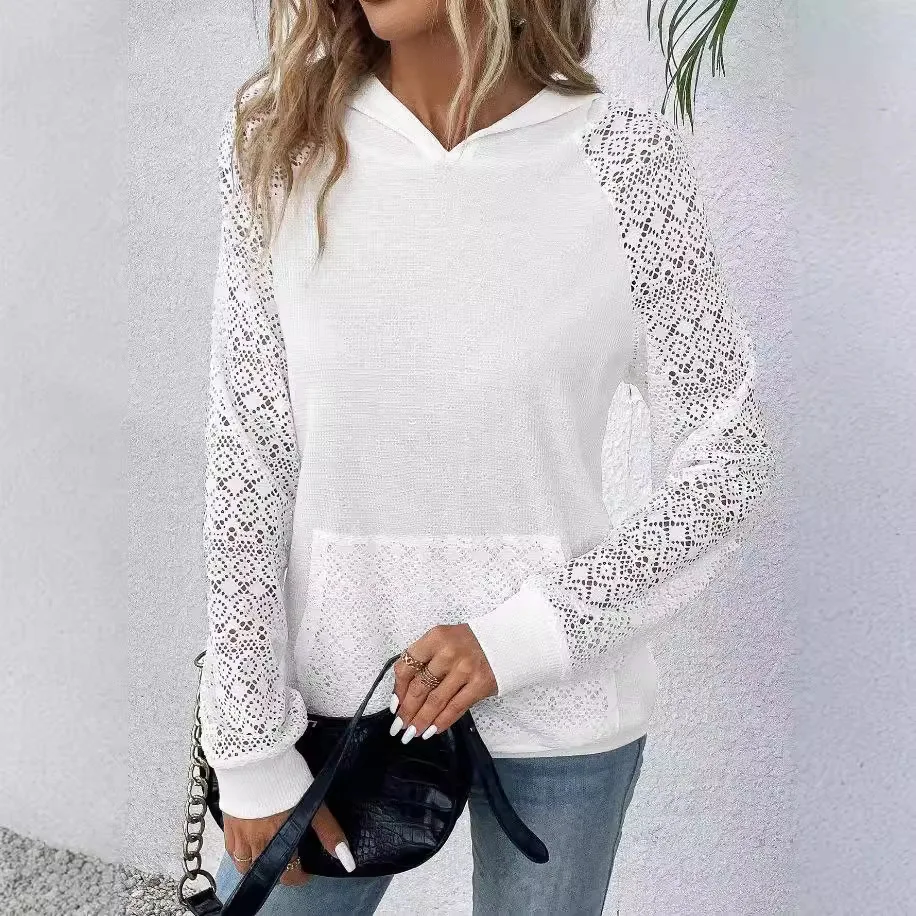 New Women Lace Waffle Patchwork Hoodie Casual Sweater