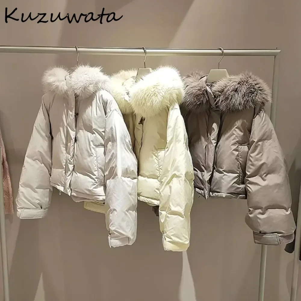 Kuzuwata Winter New Hooded Fur Collar Short Parkas Drawstring Loose Fresh Minority Down Coats Japan New All-match Thicked Jacket