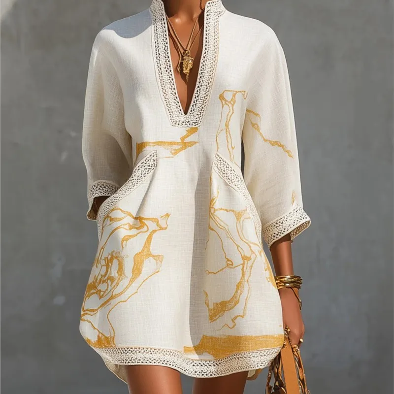 Boho Abstract Print Mini Dress Women Hollow Out V Neck 3/4 Sleeve Loose Tunic Dress Women Holiday Short Dress With Pockets