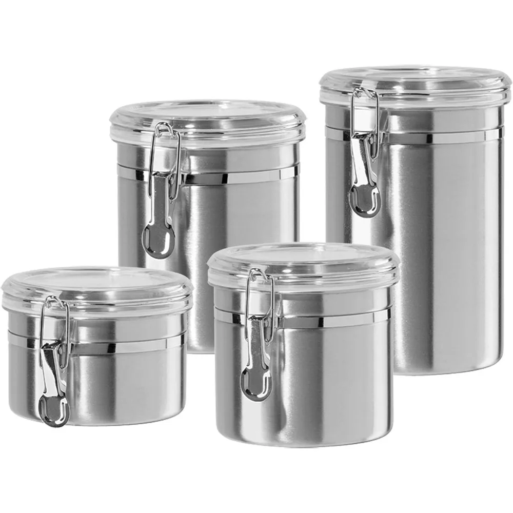 

Set of 4 Stainless Steel Airtight Kitchen Canisters with Clear Lids for Food Storage, Sizes: 26oz, 36oz, 47oz, 62oz