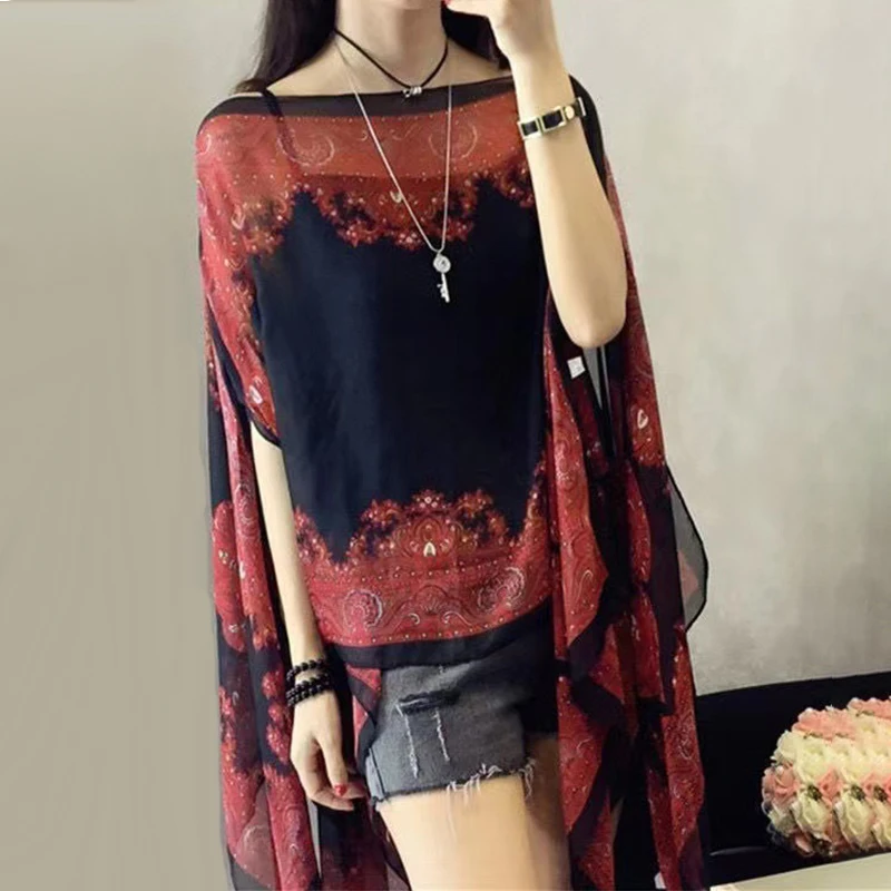 Fashion Woman Chiffon Blouse Swimsuit Sarong Printed Sunscreen Shawl Soft Loose Bikini Cover Up Beachwear Beach Accessories