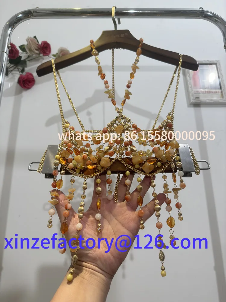 

Customizable Adjustable Crystal Beaded Stone Vest Halter Necklace Statement Women Sexy Short Pearl