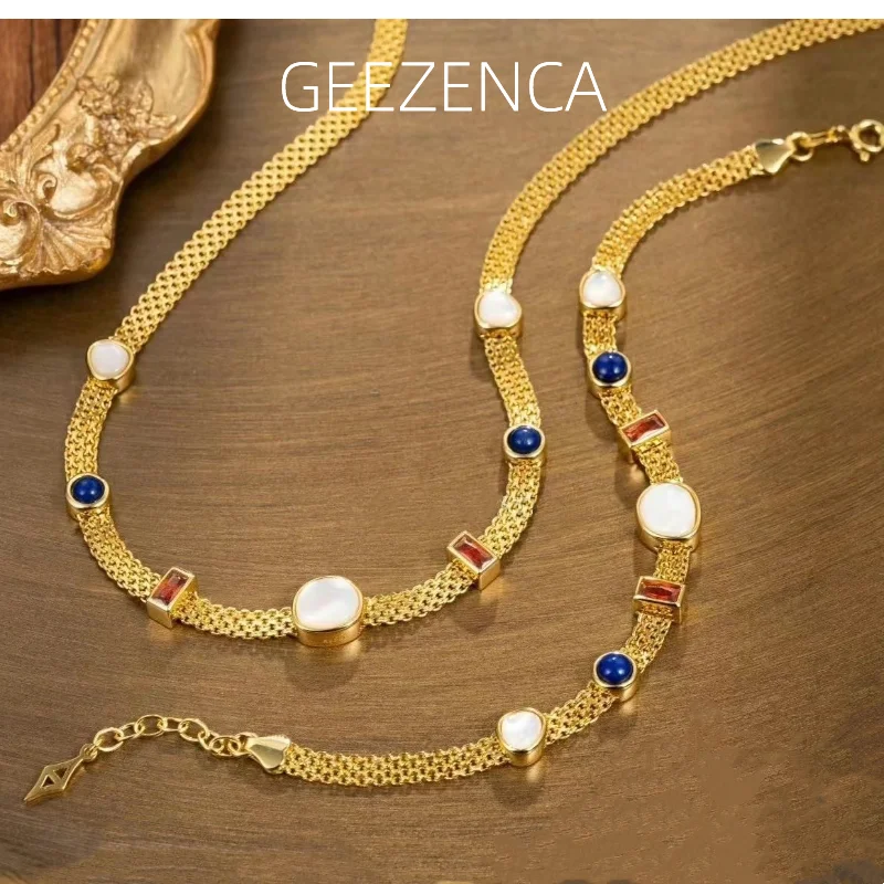 

GEEZENCA 925 Sterling Silver Inlaid Natural White Shell Lapis Lazuli Jewelry Set With Necklace And Bracelet Luxury High Quality