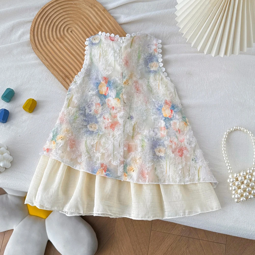 Summer Girls Lace Trim Sleeveless Floral Dress 2026 New Trendy Tulip Double-Layer Ruffle Hem Kids Dresses Vacation Beach Dress