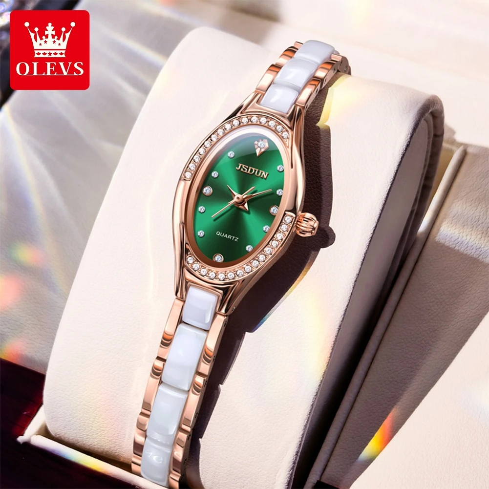 JSDUN 8842 Swiss Quartz Watch for Women Elegant Retro Rose Gold Ceramics Strap Diamond Bezel Luxury Ladies Dress Wristwatches