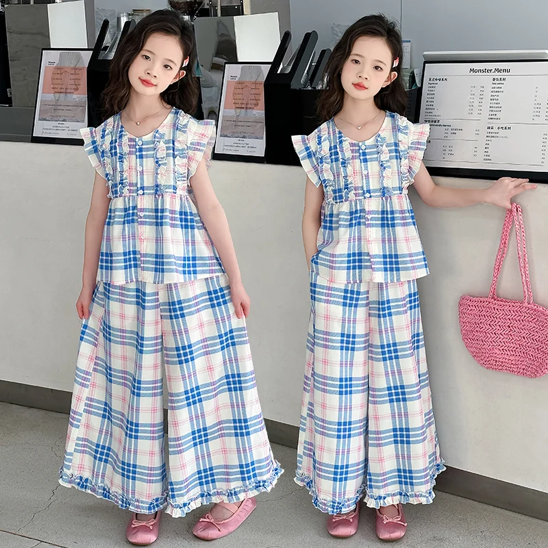 2026 Fashion Children's Summer Set for Girls Fly Sleeve Clothing with Ruffles 2 Pieces Clothes Suit Kids Plaid Streetwear Outfit