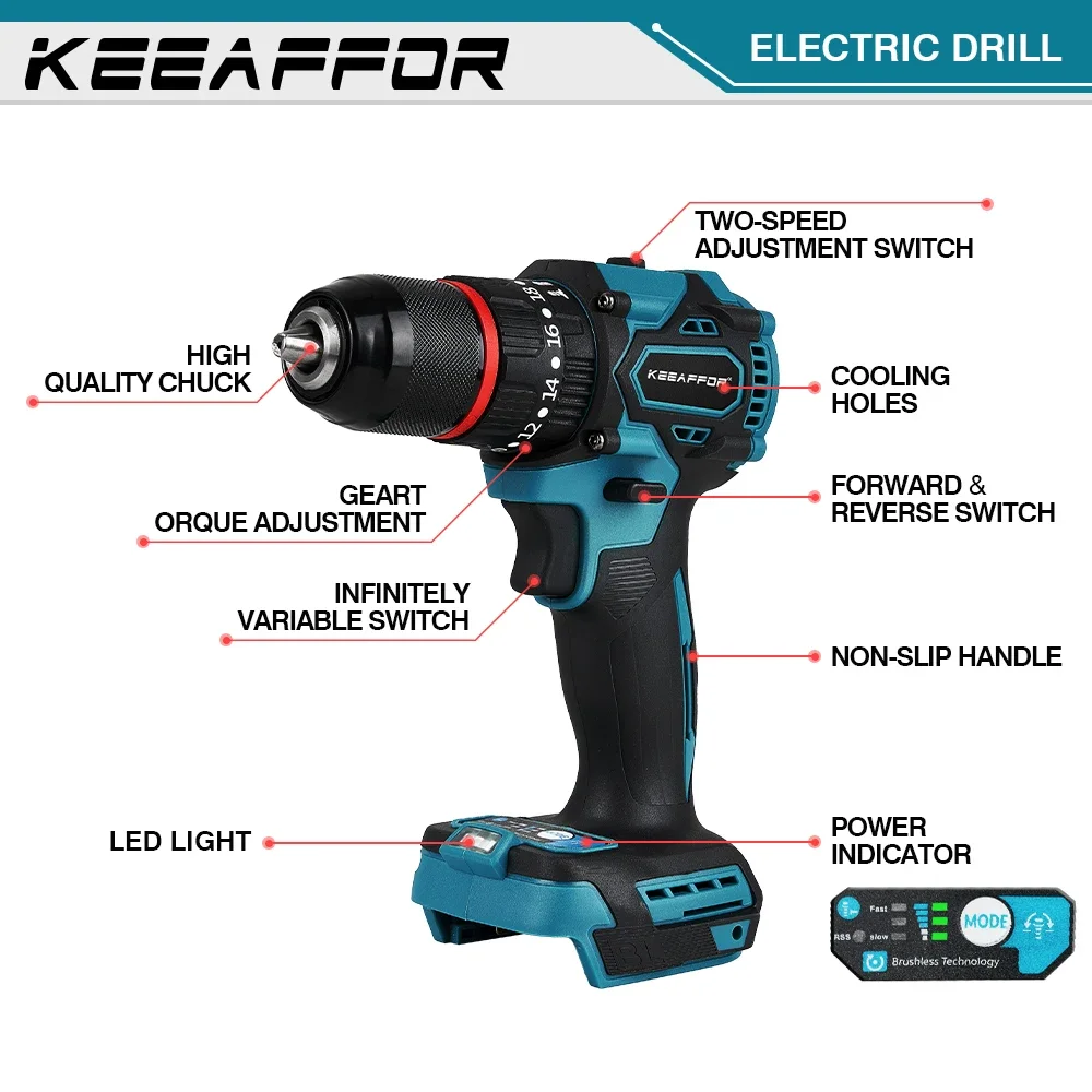 KEEAFFOR 1200W 450NM Brushless 20Gears Electric Torque Impact Drill Electric Screwdriver Cordless Tools For Makita 18v Battery