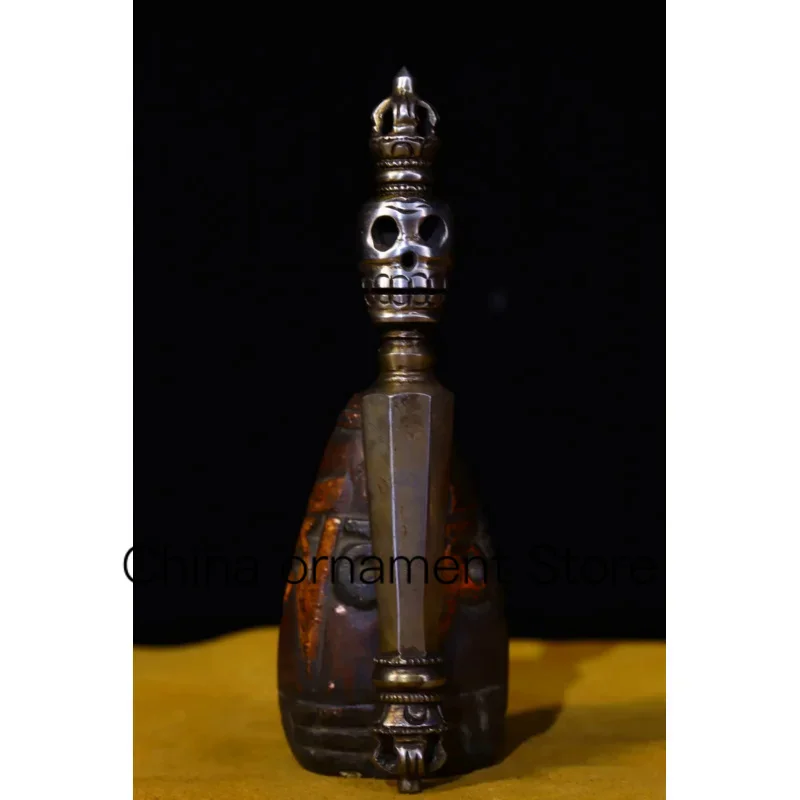 

6"Tibetan Temple Collection Old Tiantie Skull Head Dorje Vajra Phurpa Amulet Dharma Pendant Worship Hall Town house