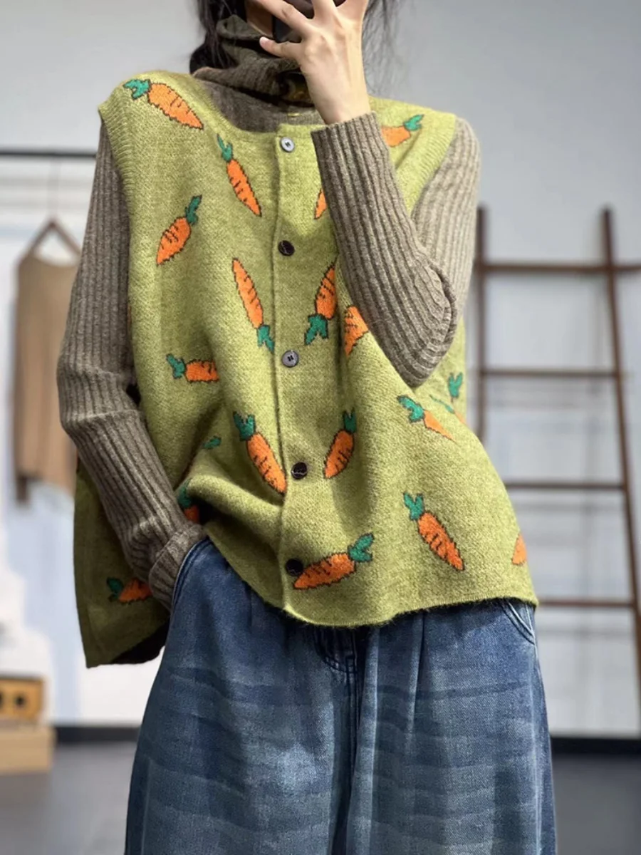 Spring Autumn Knitted Sweater Vest Large Size Women's round Neck Sleeveless Versatile Open Cardigan Vest Carrot Print Origina...