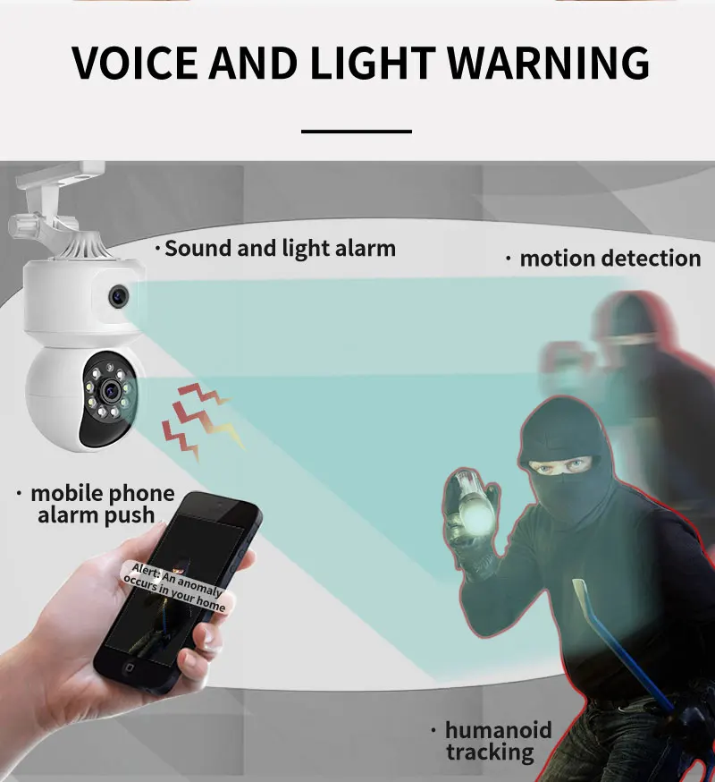 ​ ​ كاميرا مراقبة ستيريو ذات عدسة ثنائية PTZ - 360 °   تتبع ذكي 8 ألوان LED للرؤية الليلية/XMR، جهاز تحكم عن بعد لتطبيق الهاتف المحمول، الأرض الاسترليني ​