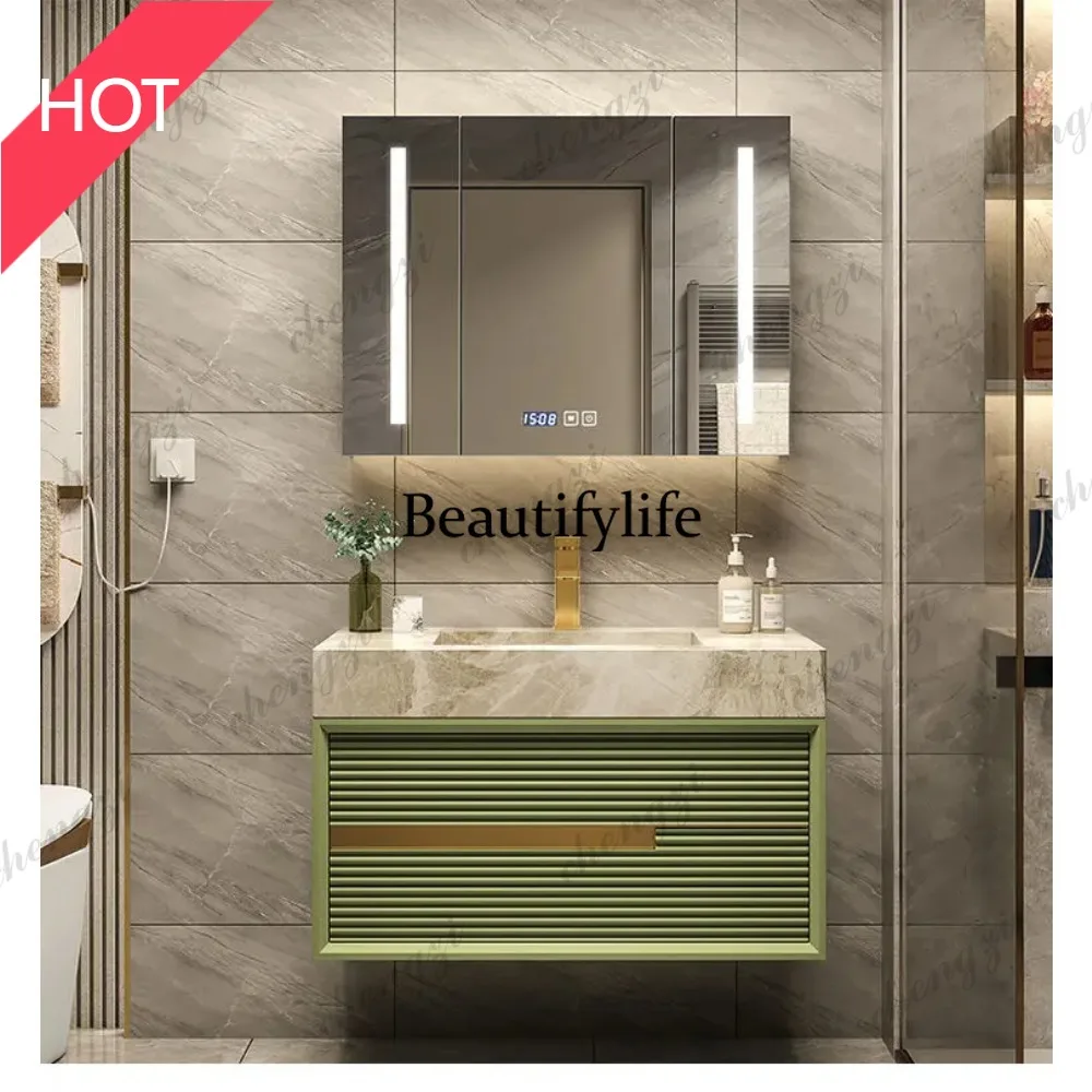 M07 Bathroom Cabinet Light Luxury Rock Plate Washstand Modern Washbasin Toilet Wash Basin Combination Suit Oak Milk Tea Color
