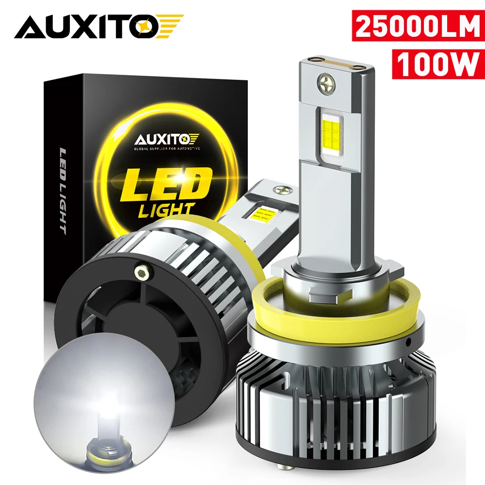 AUXITO 2Pcs Canbus H8 H11 LED Headlight Bulb 25000LM 100W Turbo Car 9012 HIR2 9005 HB3 Headlamp Bulb Wireless 6500K White