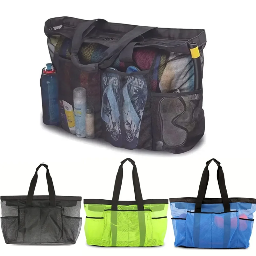 Mesh Beach Bag Large Beach Tote Zippered Pockets Fixed Shoulder Straps Family Beach Bag Vacation Essentials Swimming Storage Bag