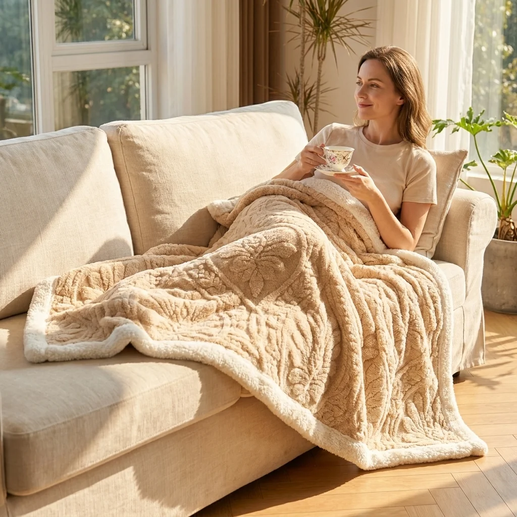 1PC 3D Carved Floral Sherpa Reversible Blanket, Ultra Soft Fluffy Fleece Throw Blanket, Elegant Home Decor Blanket for Couch & Guest Bed