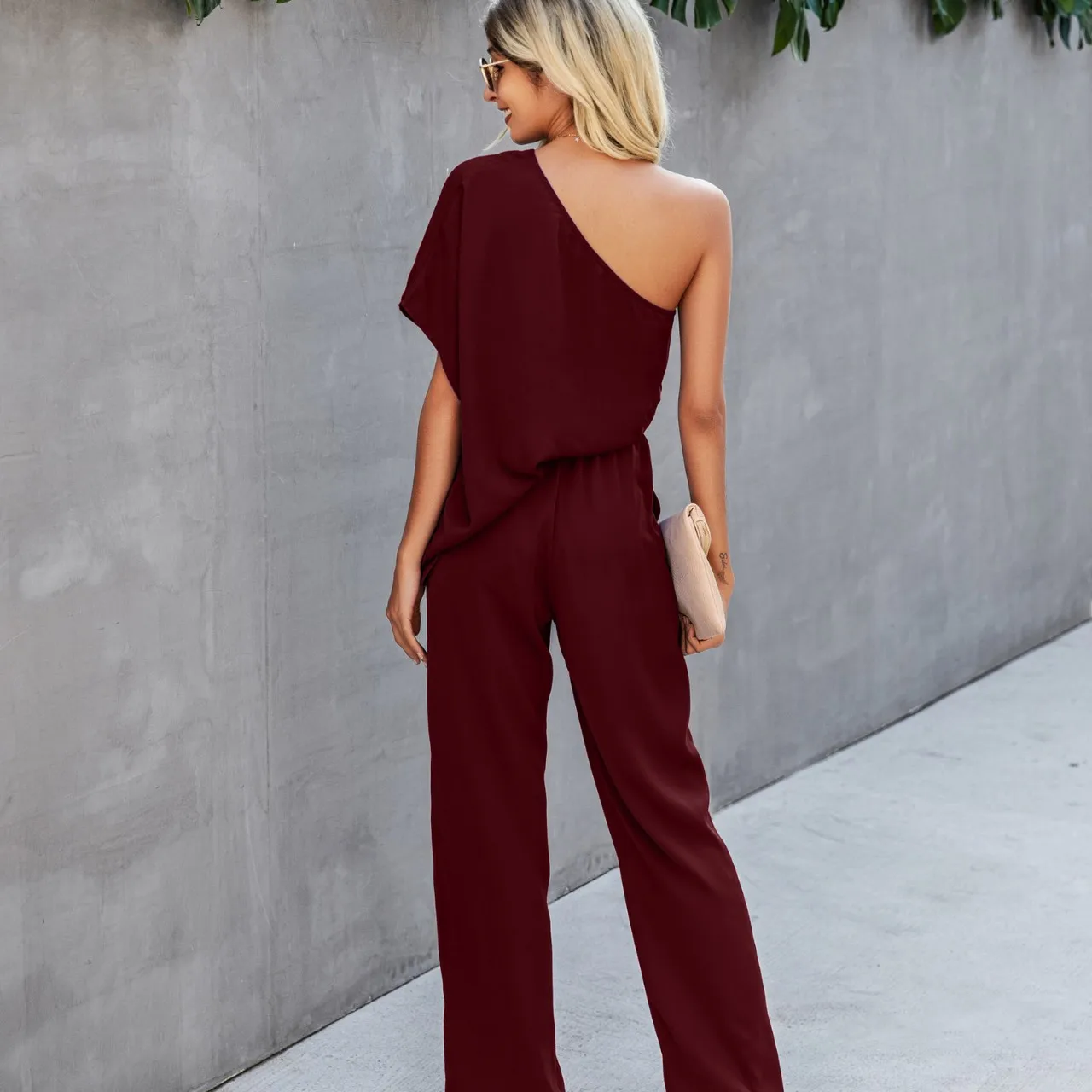 Donna Primavera Estate Nuova tuta allentata sexy con spalle scoperte Tute casual per la casa Pantaloni generali Vita alta Tinta unita