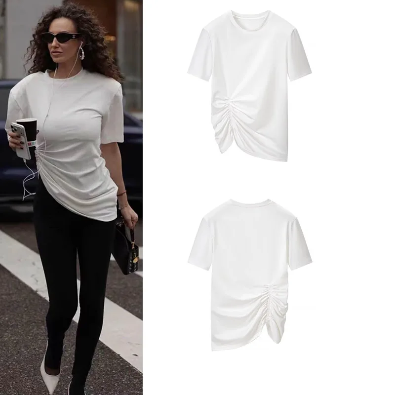 Women's Summer O-neck Short Sleeve T-Shirt Casual Chic Gathered Side Versatile Simple Top Female Wear 2026 New