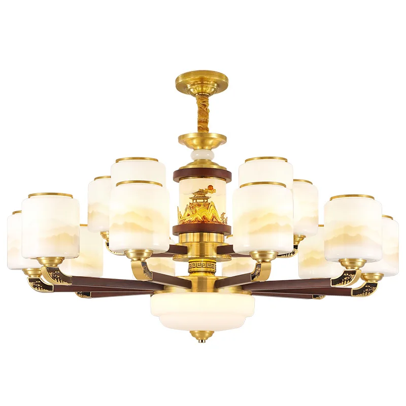 

New Chinese style villa living room all-copper solid wood high-end atmospheric duplex building hotel lobby Zhongshan lamps