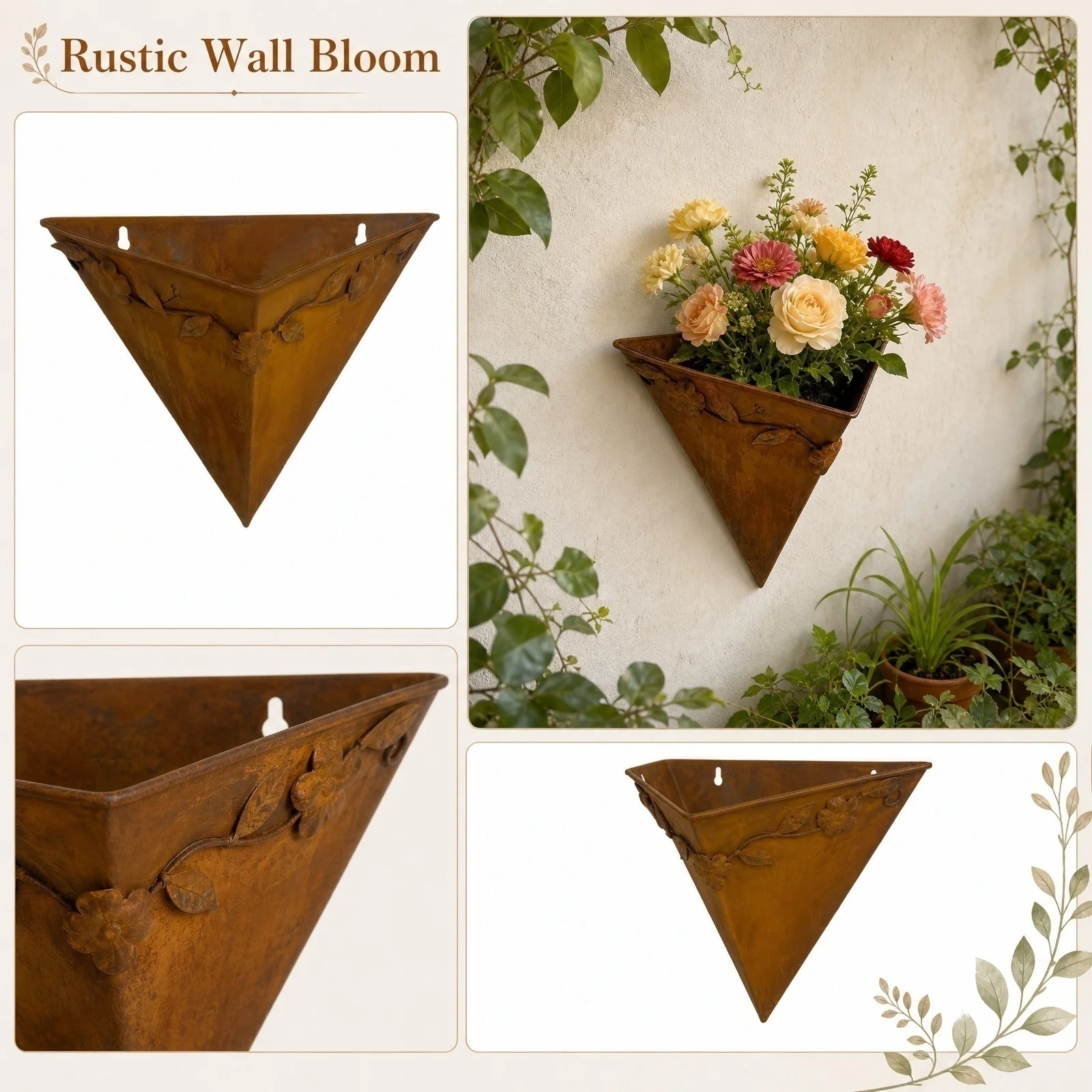 Rustic Triangular Wall Mounted Flower Pot Vintage Wall Planter Basket Metal Hanging Planter for Garden Home Balcony Decor