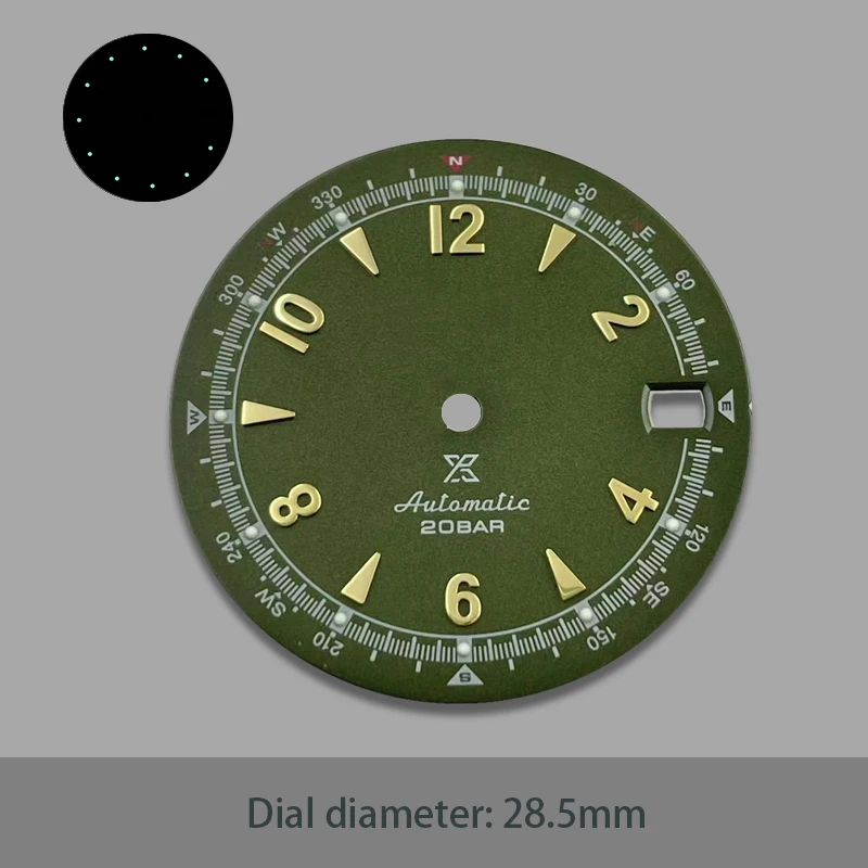 NH35 vintage dial, green luminescent, suitable for NH35/4R35 calibre replacement, diameter 28.5MM.