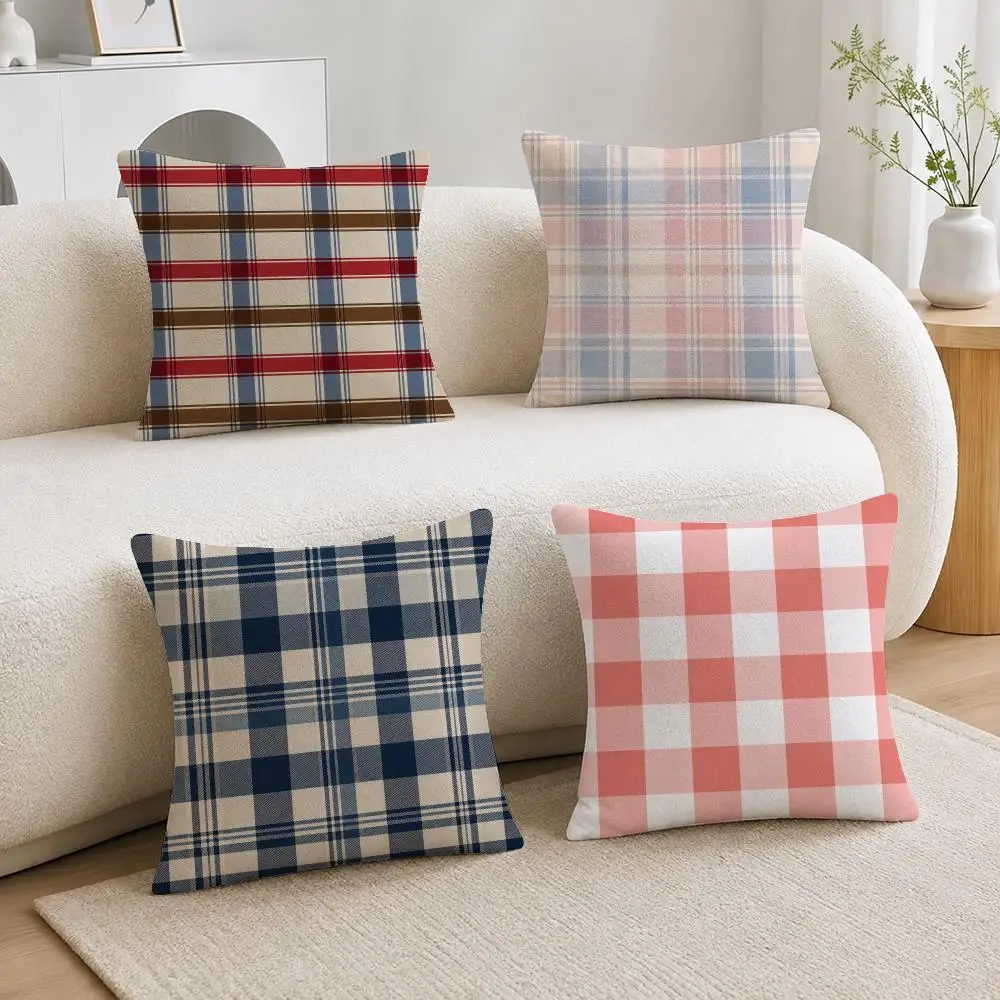 Preppy Classic Plaid-Gingham-Stripes Cushion Cover Soft Plush Fluffy Throw Pillow Cases for Sofa Bedroom Home Decor