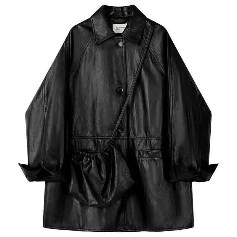 الرجعية فو الجلود السترة معطف للنساء 2025 ربيع الخريف واحدة الصدر التلبيب طوق منتصف طول سترة جلدية فضفاضة