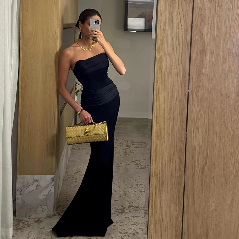

Thinyfull Saudi Arabia Mermaid Prom Evening Dresses Strapless Black Satin Party Dress Night Maxi Cocktail Prom Gowns Customized
