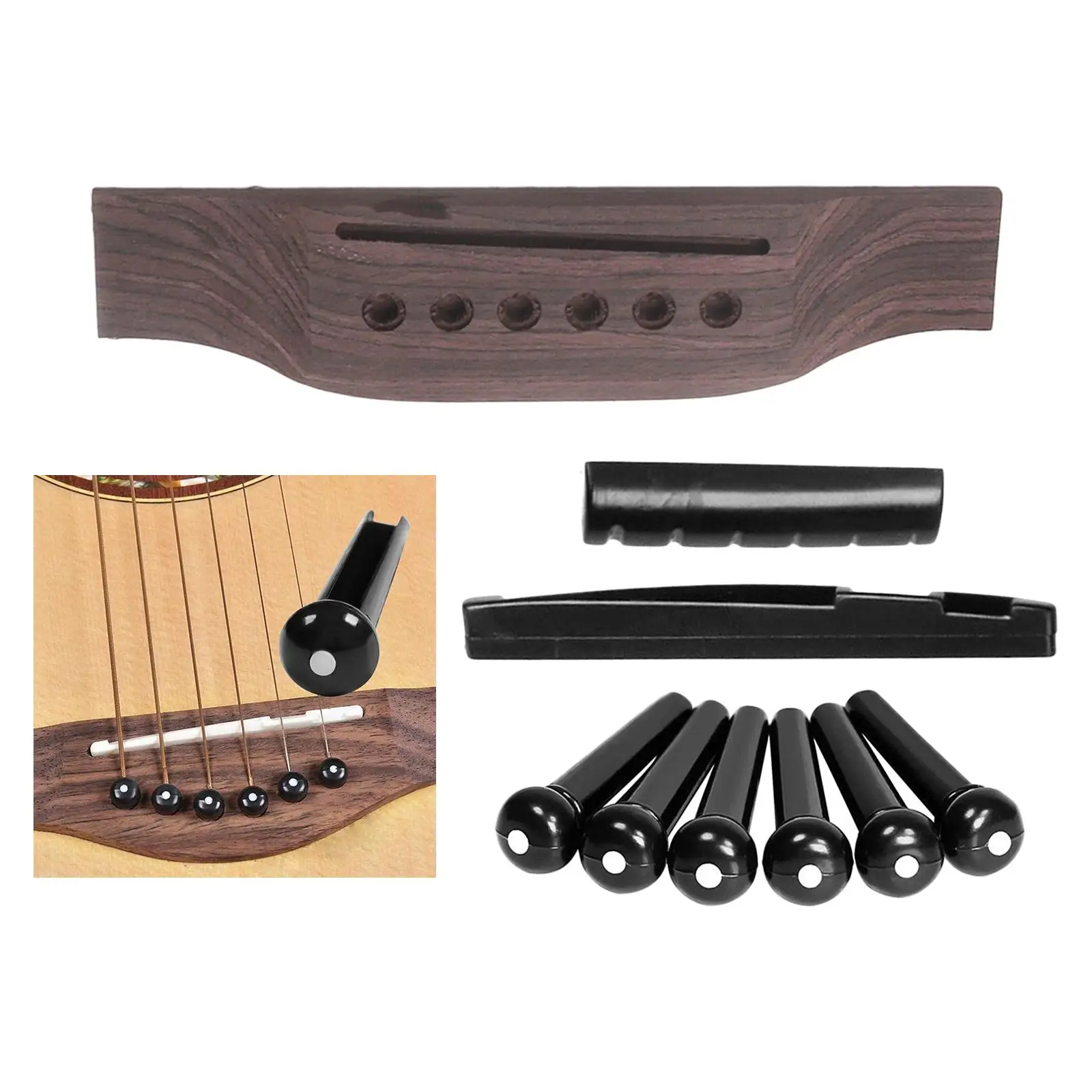 Zestaw naprawczy do gitary akustycznej, zawierający 1 drewniany mostek gitarowy, 6 plastikowych kołków, 1 siodełko i 1 nakrętkę do gitary 6-strunowej.