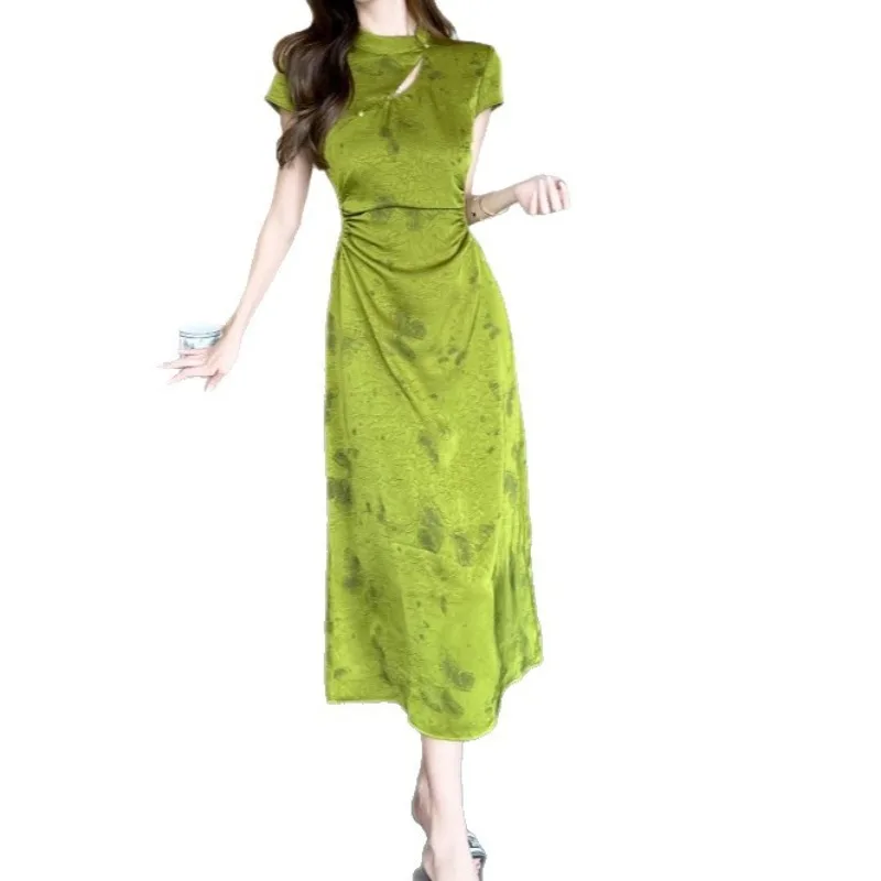 2025 New Retro Green Silk Satin Butterfly Print Qipao Women's Dress Street Temperament Ankle Length Chinese Style Summer Dresses
