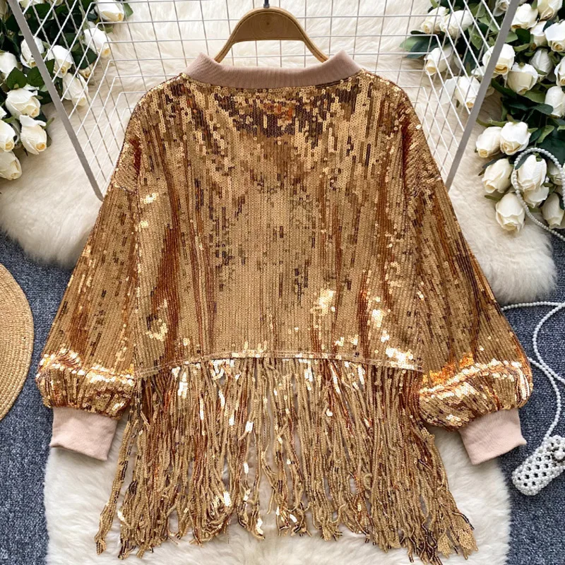 EWQ Fashion Sequin Tassel Spliced Płaszcz damski Wszechstronny luźny kołnierz stojący Długi rękaw Krótki zamek błyskawiczny Odzież 2024 Nowość