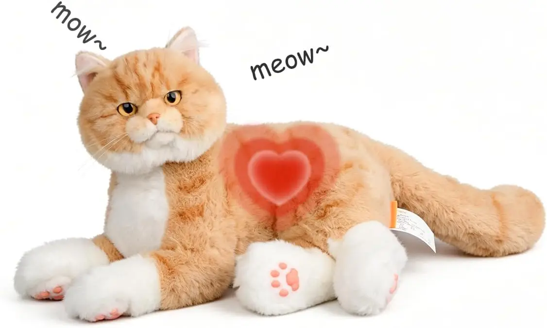 Soft Realistic Robotic Cat Plush Companion for Seniors, Interactive Stuffed Cat with Meowing, Purring, Heartbeat Vibration and Voice Response, Comforting Robot Cat for Relaxation and Emotional Support