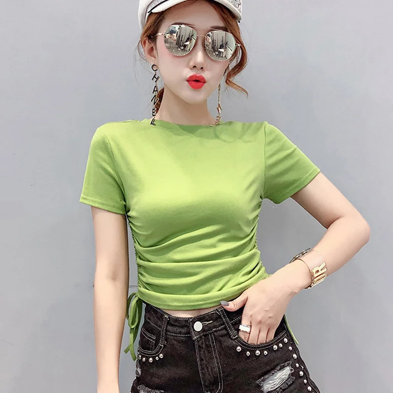 

#5839 Short T Shirt Women Sexy Hip Hop T Shirt Hollow Out Drawstring Irregular Women's T-shirt Short Sleeve Solid Color Summer