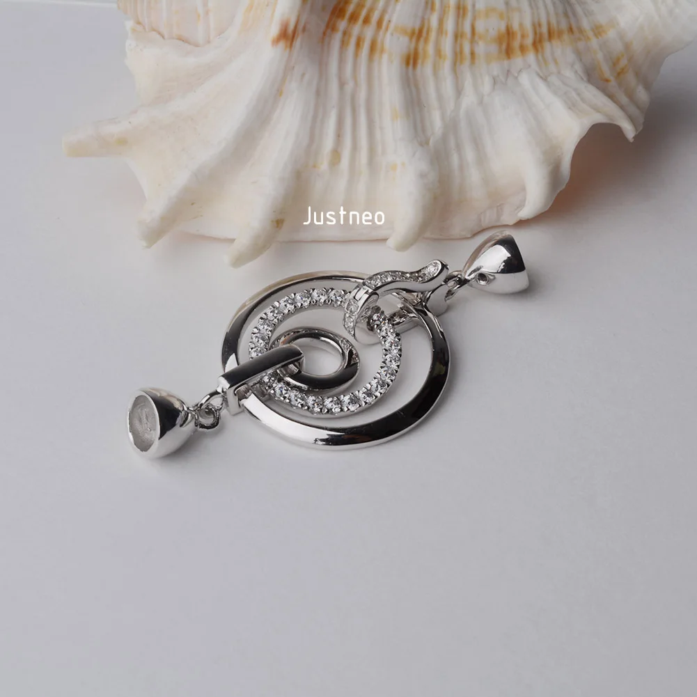 925 Sterling Silver 3 Circles Push End Cap Clasp, Rhodium Plated CZ Pearl Jewelry Findings