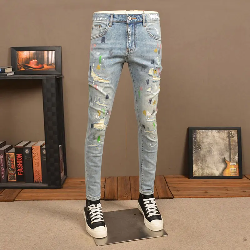 Pantalones vaqueros rasgados Vintage para Hombre, Jeans Retro elásticos, ajustados, diseño pintado, Hip Hop, moda urbana, azul