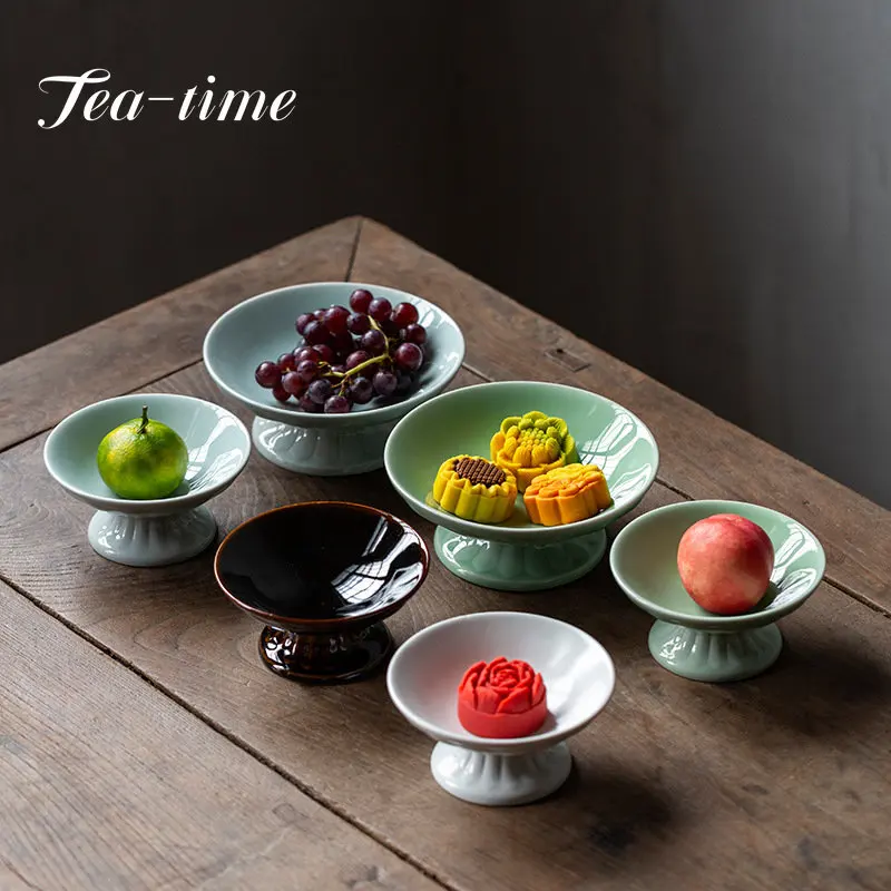 Retro Lotus Bottom High-footed Refreshment Plate Chinese Fruit Snack Holder Tea Room Zen Ceramic Dried Fruit Plate Service Tray