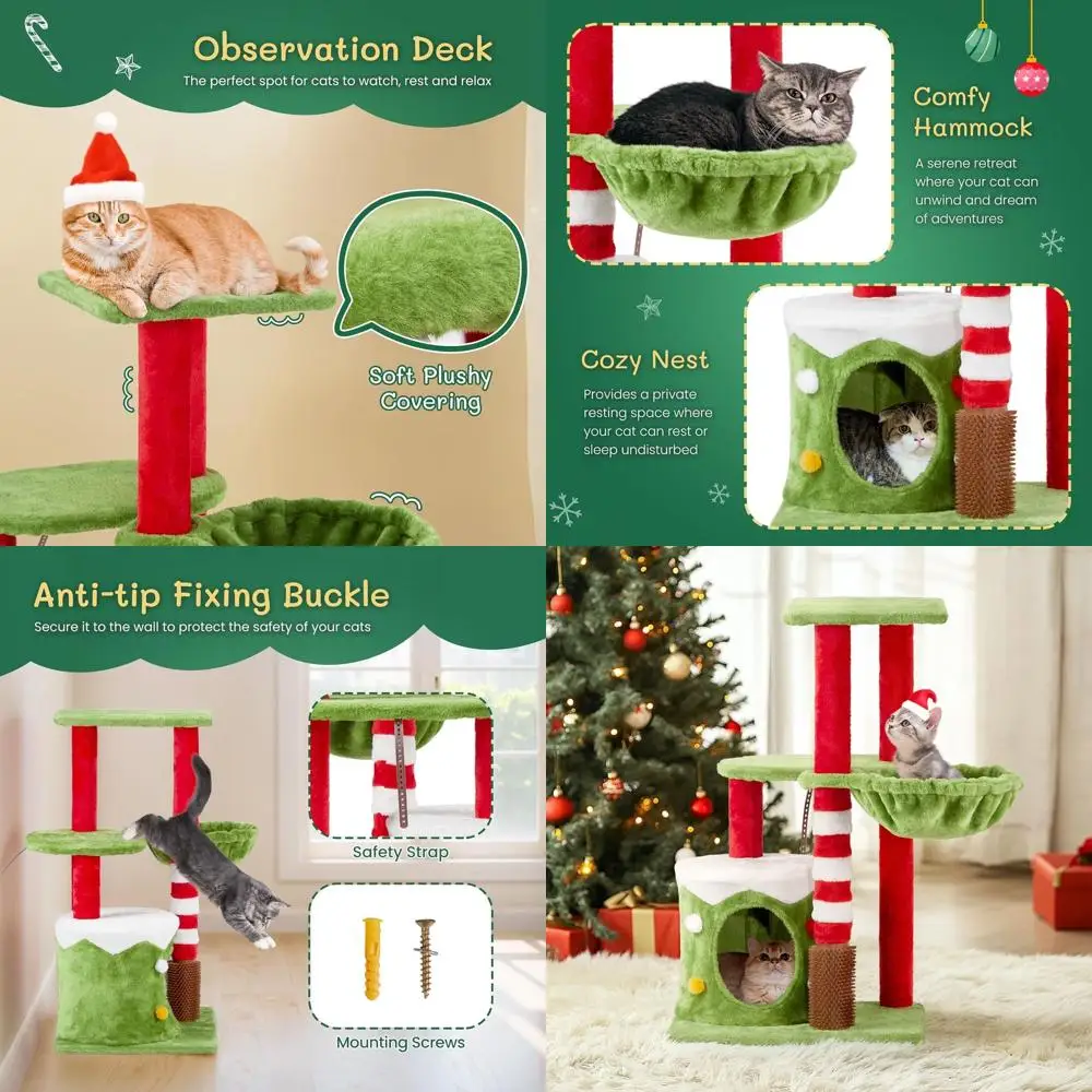 

32 Indoor Cat Tree with Condo, Hammock, Scratching Post, and Massage Brush in Green, Red, and White